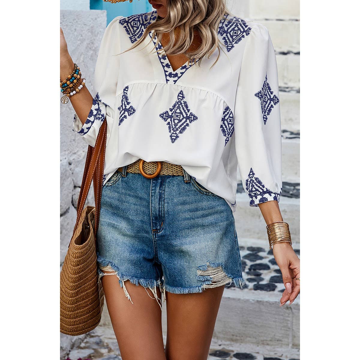 V Neck Printed Loose Fit Blouse