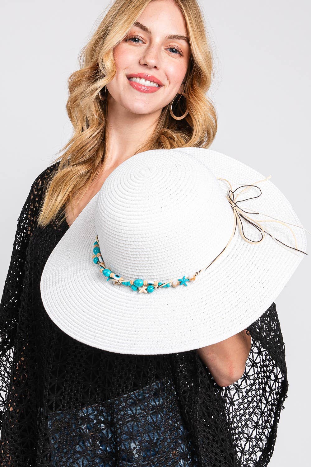 White STRAW SUN HAT WITH EVIL EYE STARFISH AND BEAD BAND