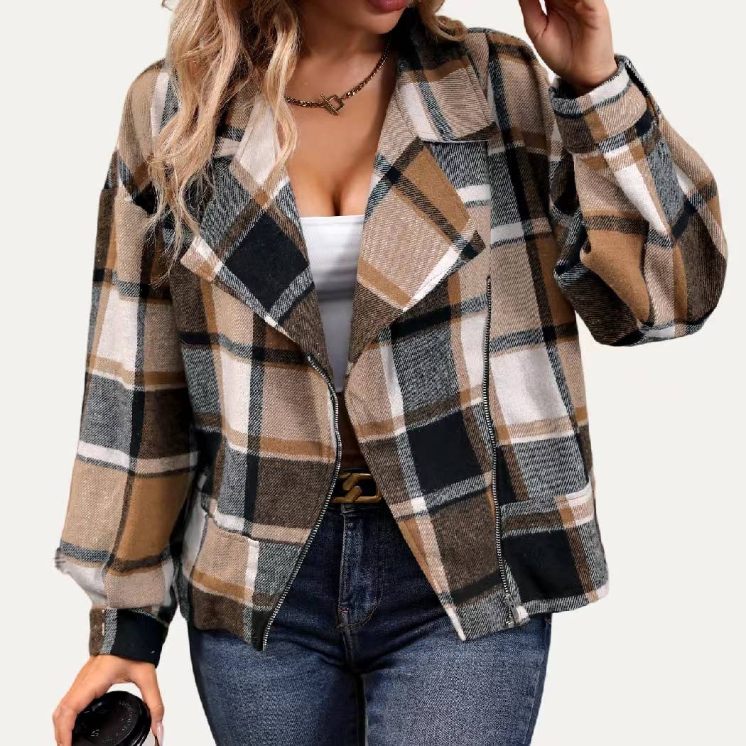 Chic Classic Plaid Collared Neck Asymmetrical Zipper Shacket