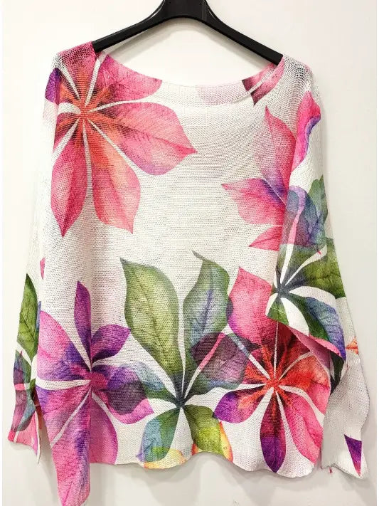 White Leaves floral Pink green Round Knit Printed Sweater