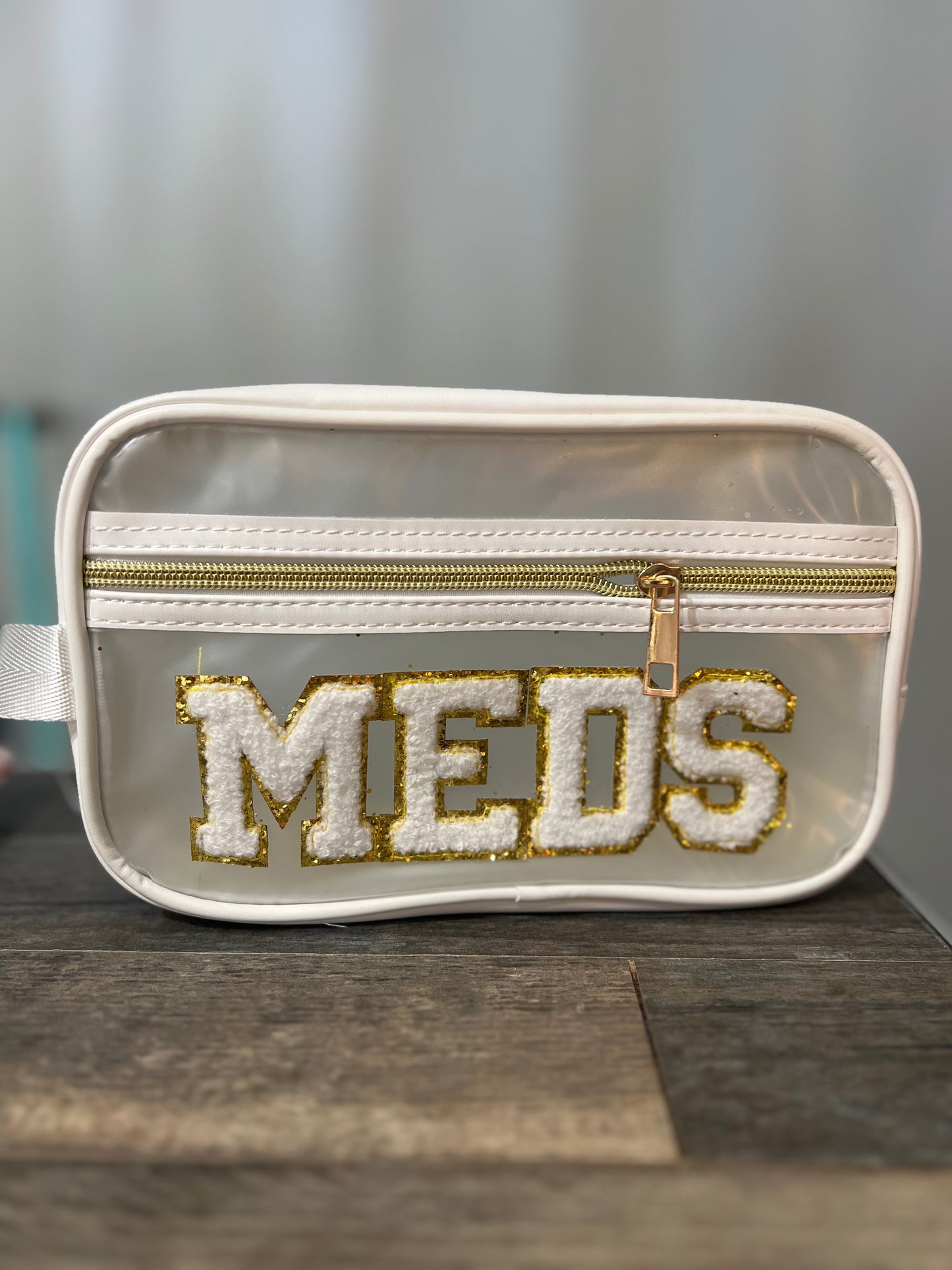 Meds - Travel Cosmetics Bag Clear , Gold & White