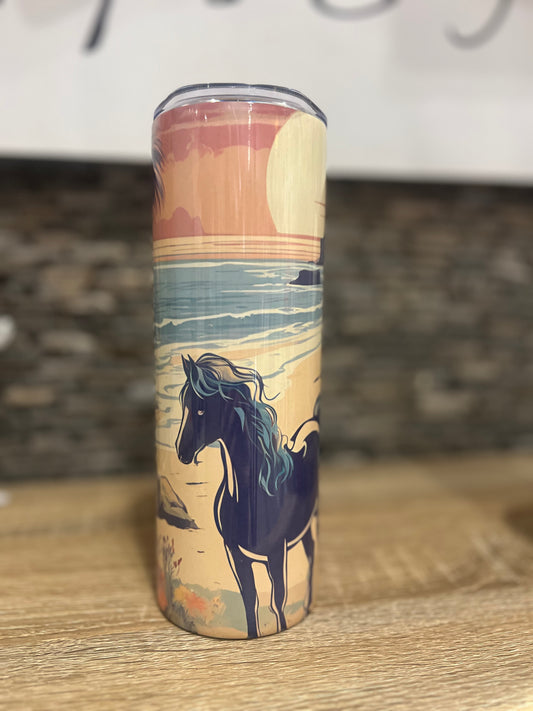 Horses on beach cartoon  Tumbler w/ lid straw 20oz