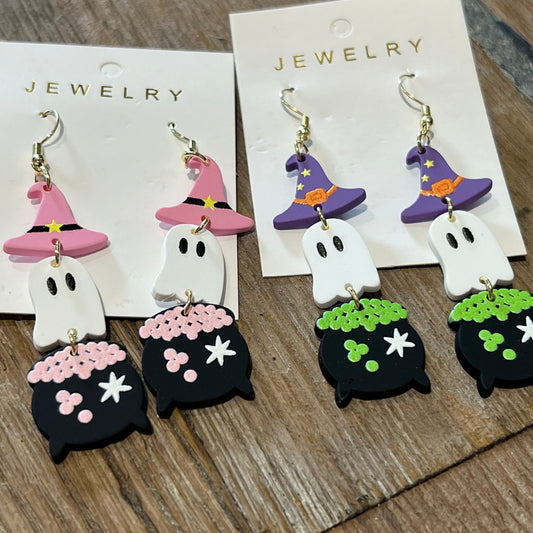 Dangle Ghost / Hat / Caldron Clay Earrings