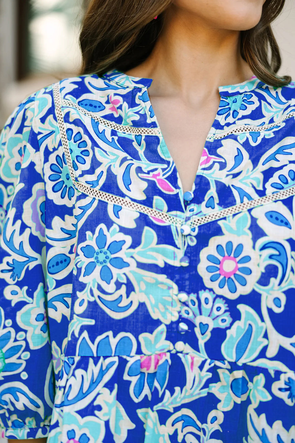 Blue, Pink & White Paisley Print Top