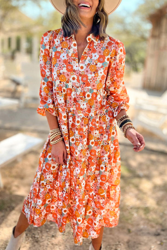 Orange / pink Flower long sleeve dress