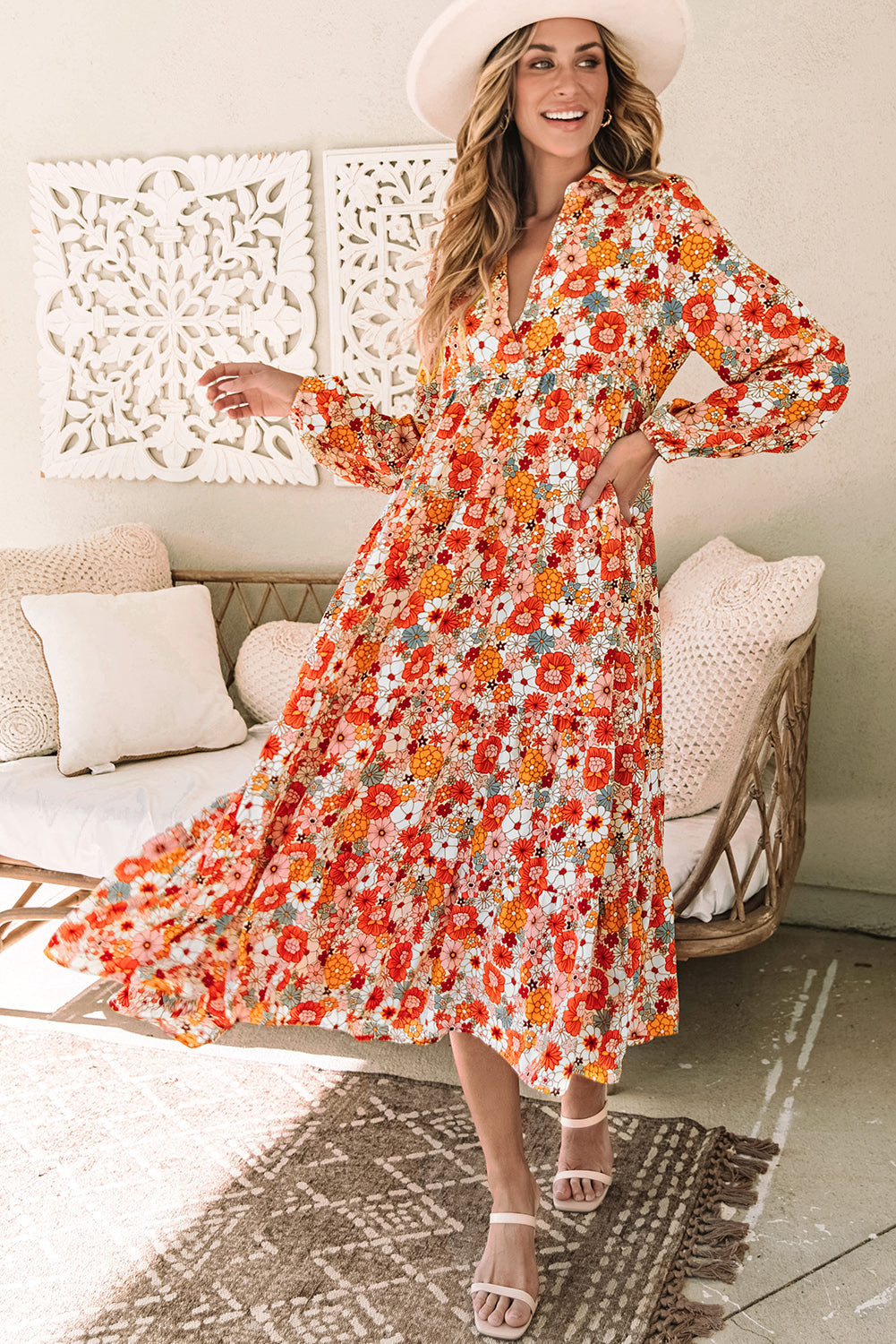 Orange / pink Flower long sleeve dress