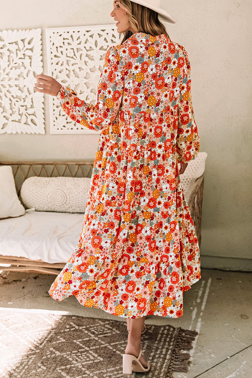 Orange / pink Flower long sleeve dress