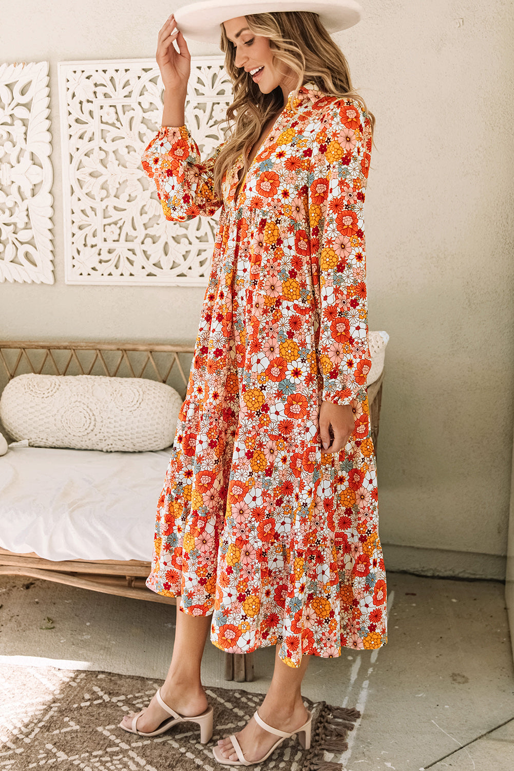 Orange / pink Flower long sleeve dress