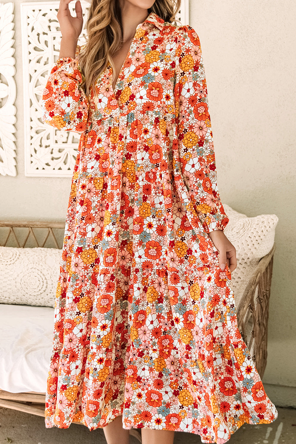 Orange / pink Flower long sleeve dress