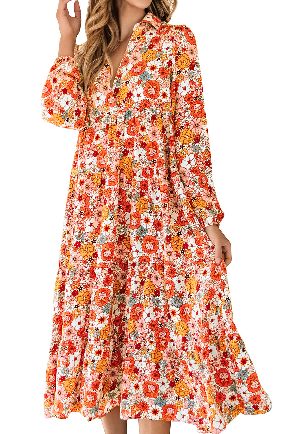 Orange / pink Flower long sleeve dress