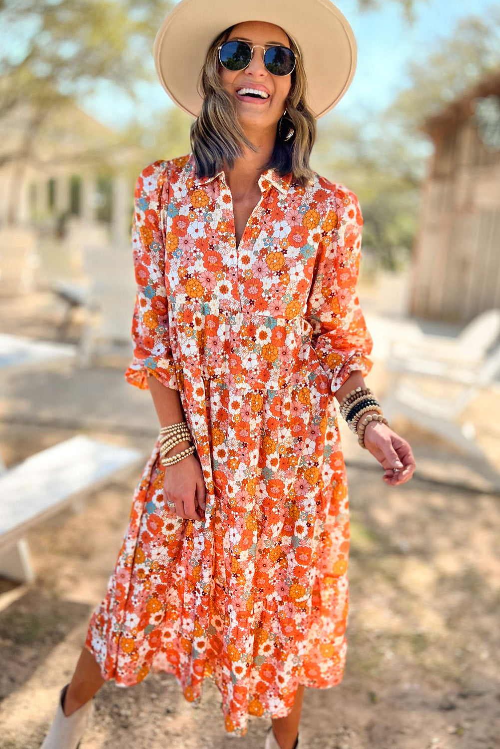 Orange / pink Flower long sleeve dress