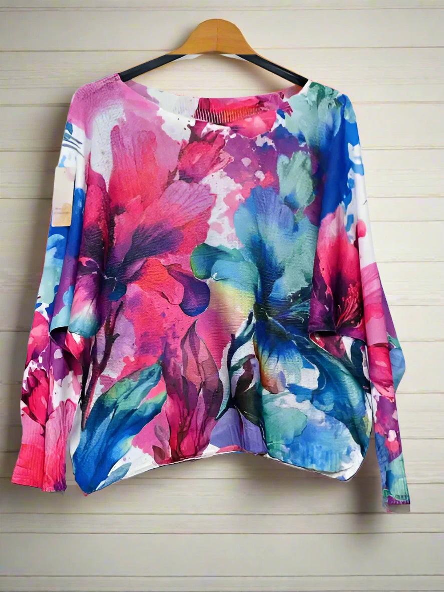 Fuchsia Floral Round Knit Printed Sweater