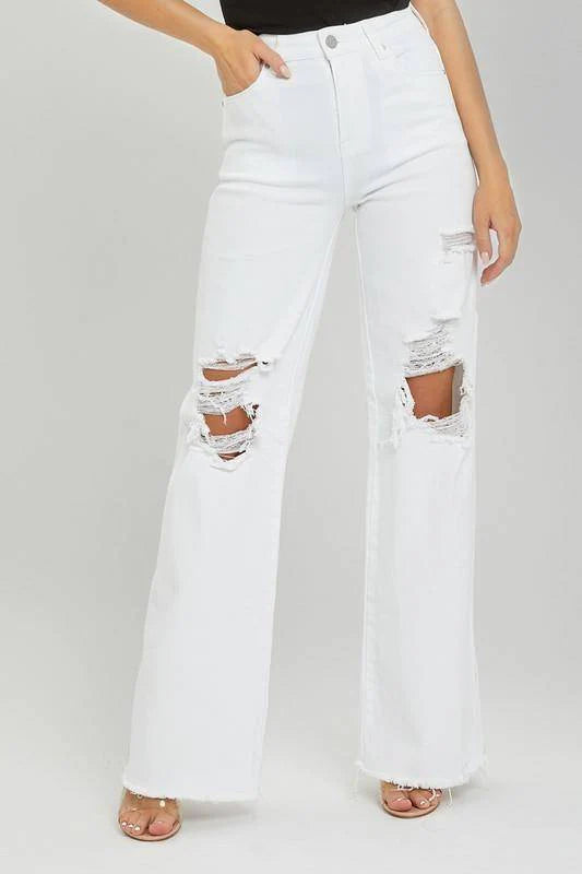 Risen High Rise WHITE Wide leg Dad Jean Distressed