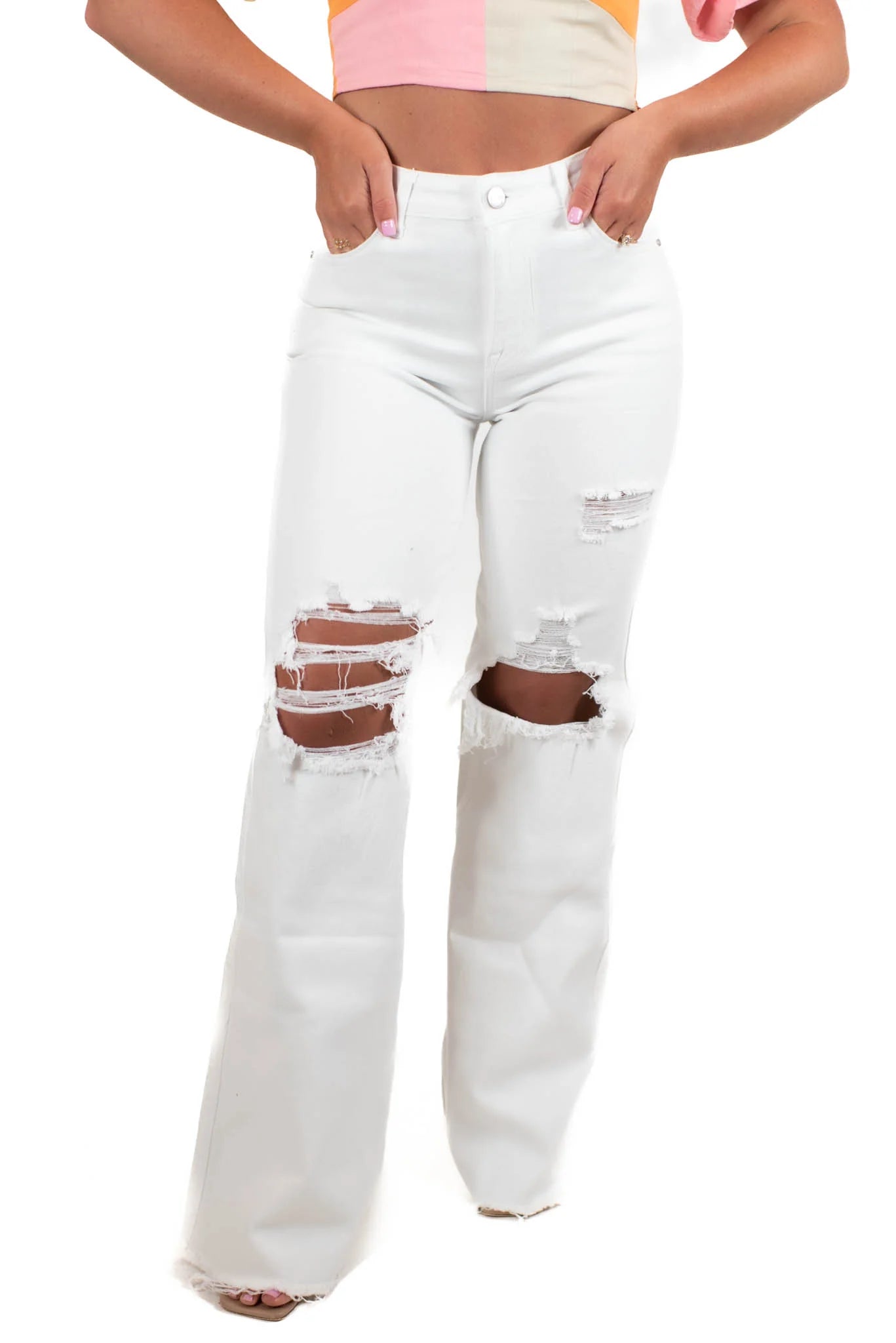 Risen High Rise WHITE Wide leg Dad Jean Distressed