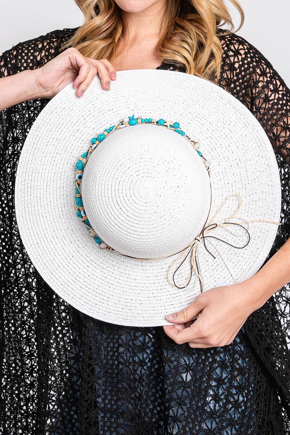 White STRAW SUN HAT WITH EVIL EYE STARFISH AND BEAD BAND