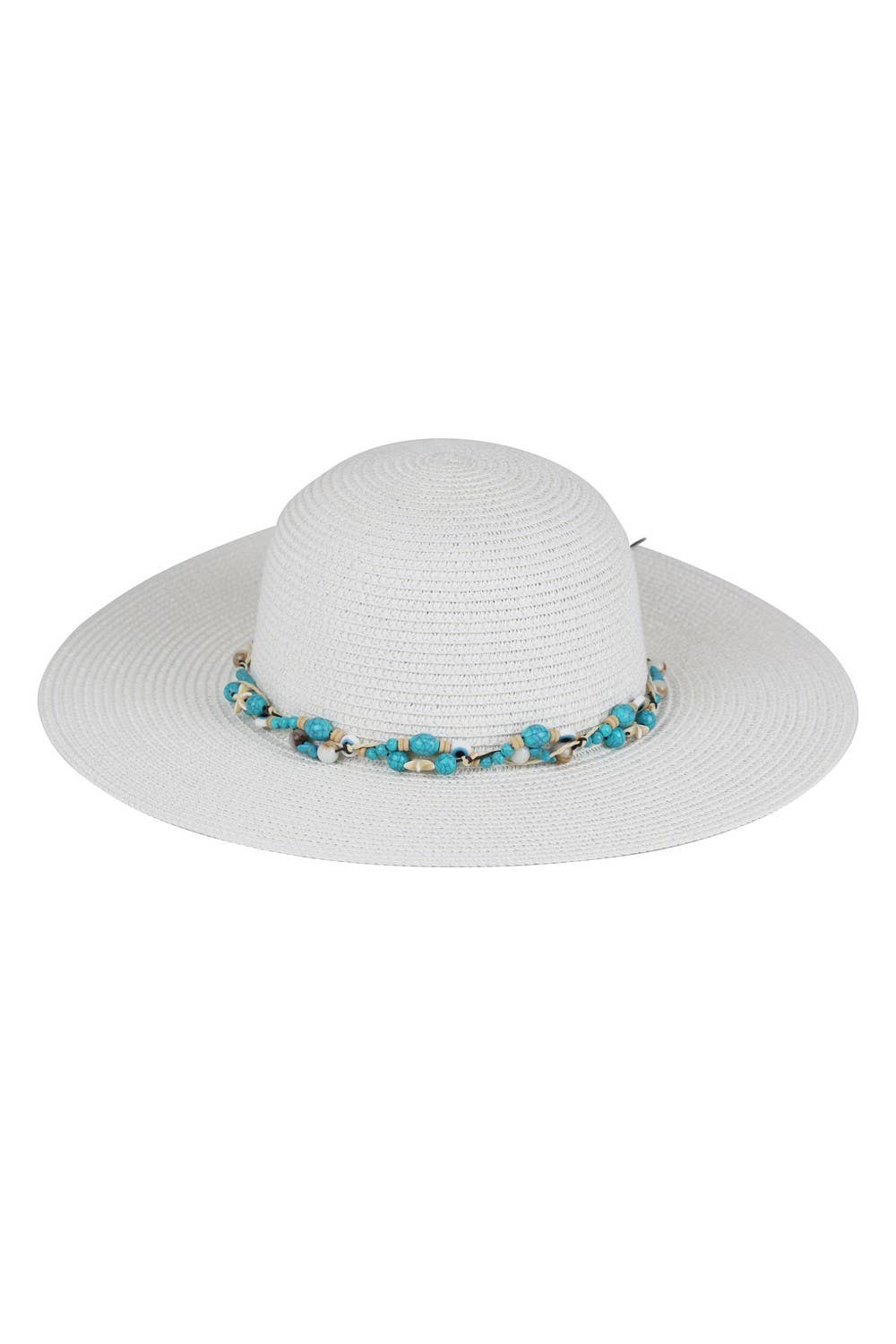 White STRAW SUN HAT WITH EVIL EYE STARFISH AND BEAD BAND