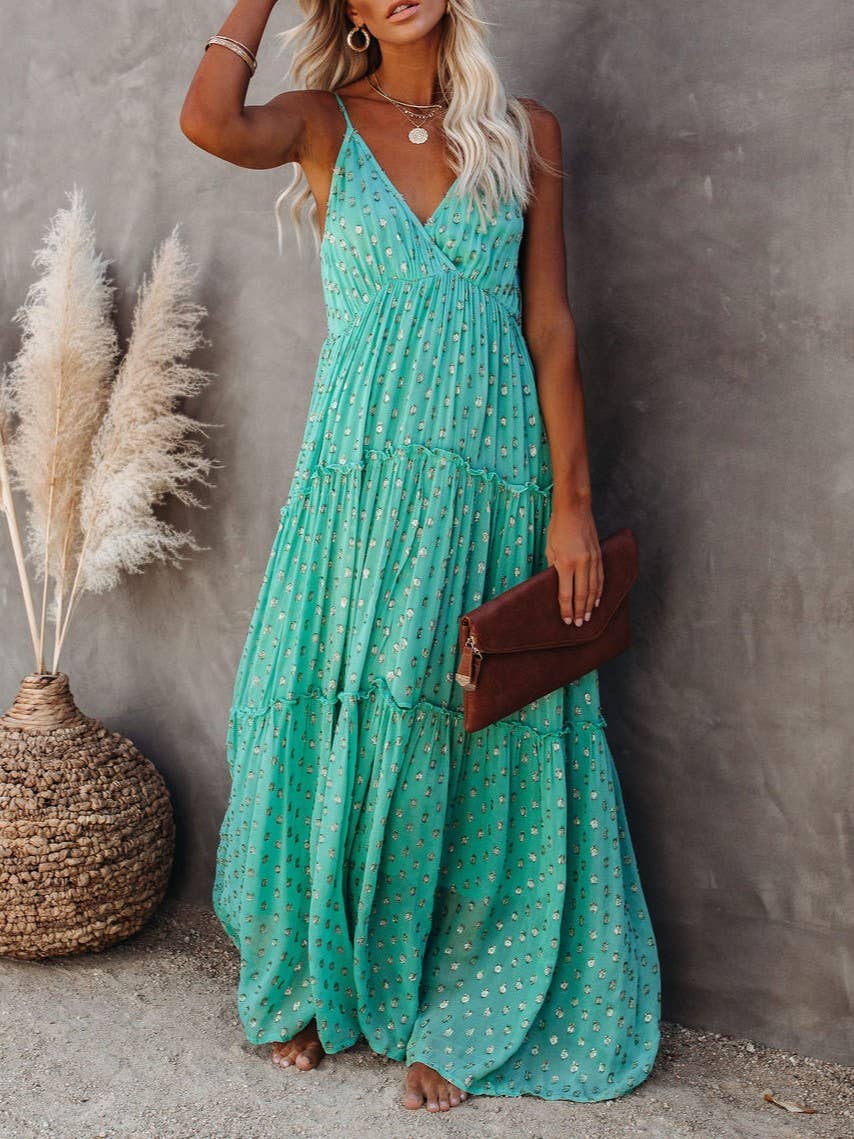 Teal Print Fresh V-Neck Shredded Pleated Dress