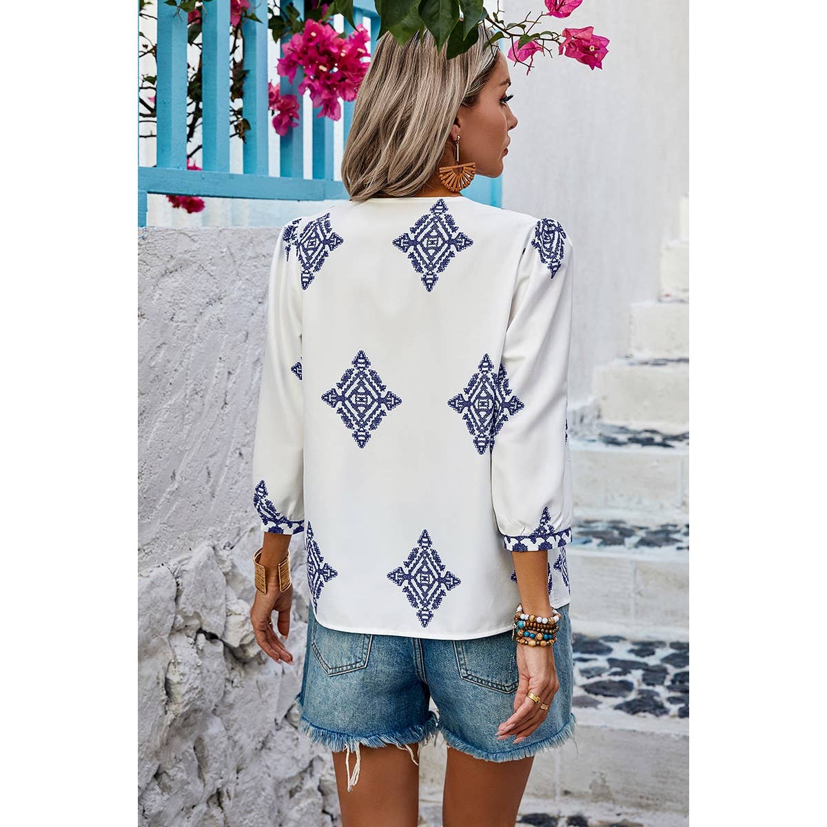 V Neck Printed Loose Fit Blouse